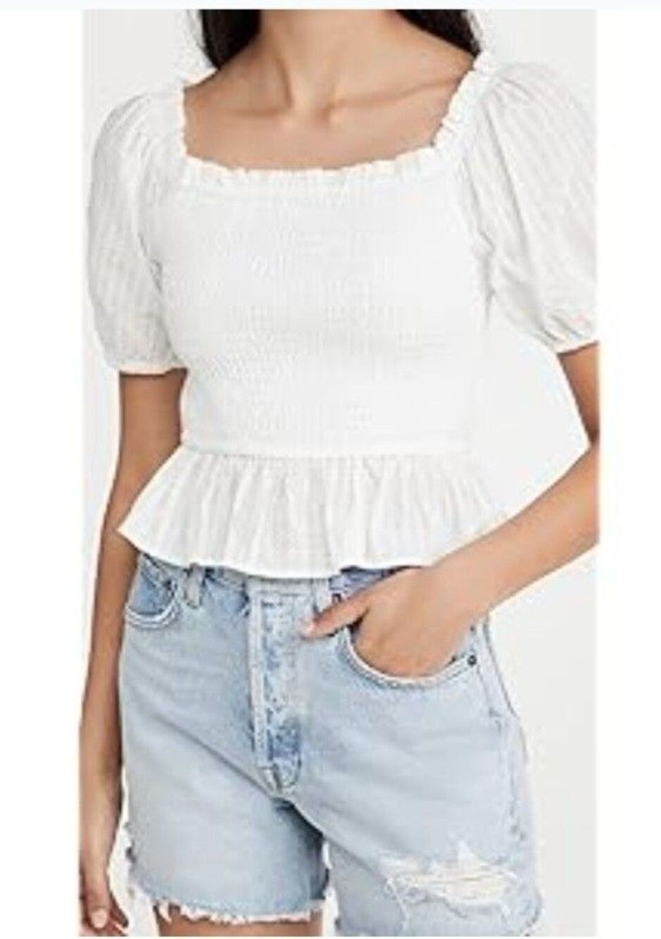 Lost + Wander Off-Shoulder Puff Sleeve Ruffle Smocked Blouse White S